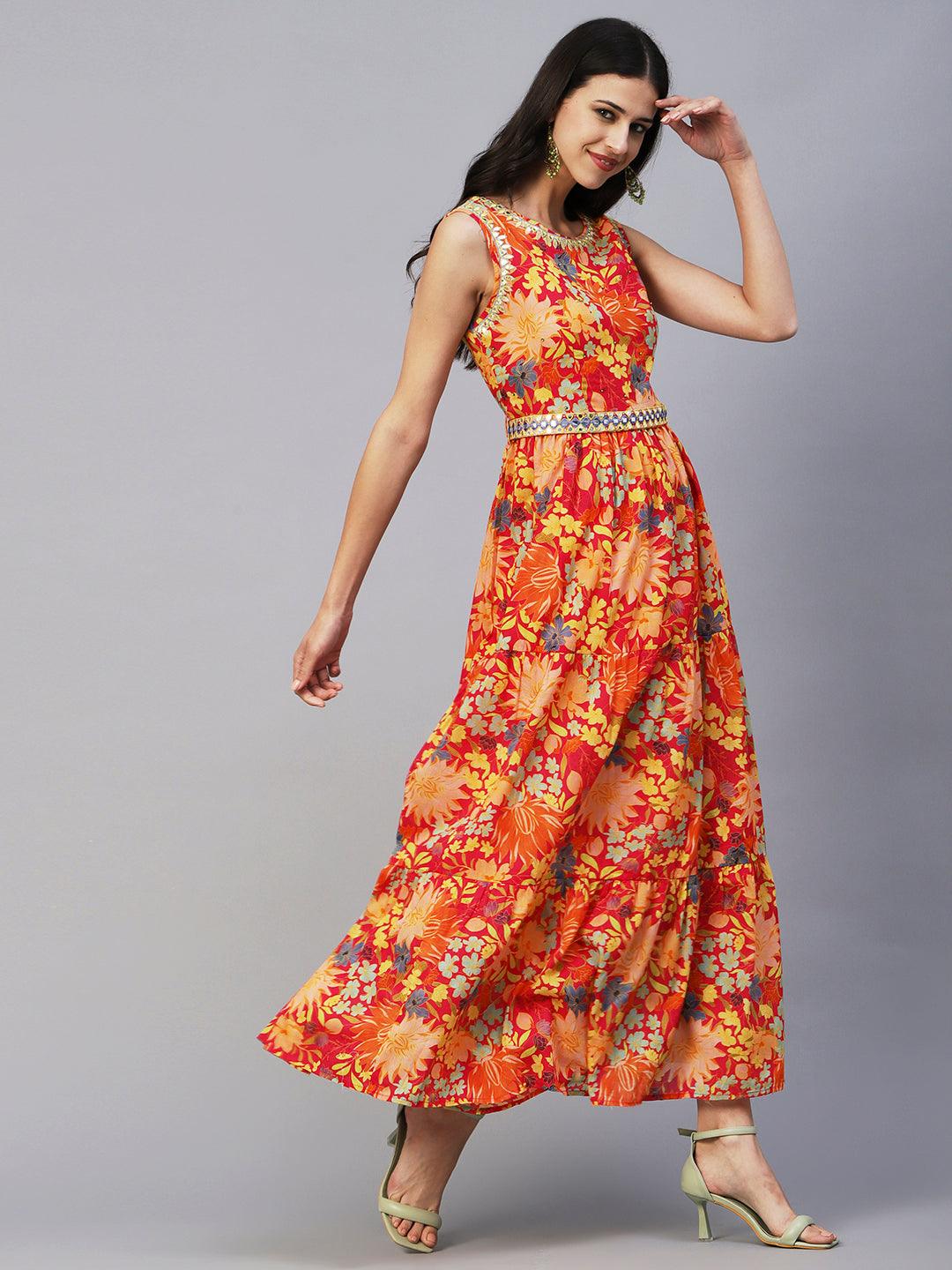 Floral Printed Mul-Cotton Mirror & Resham Embroidered Tiered Dress With Embroidered Waist Belt- Multi - Indiakreations