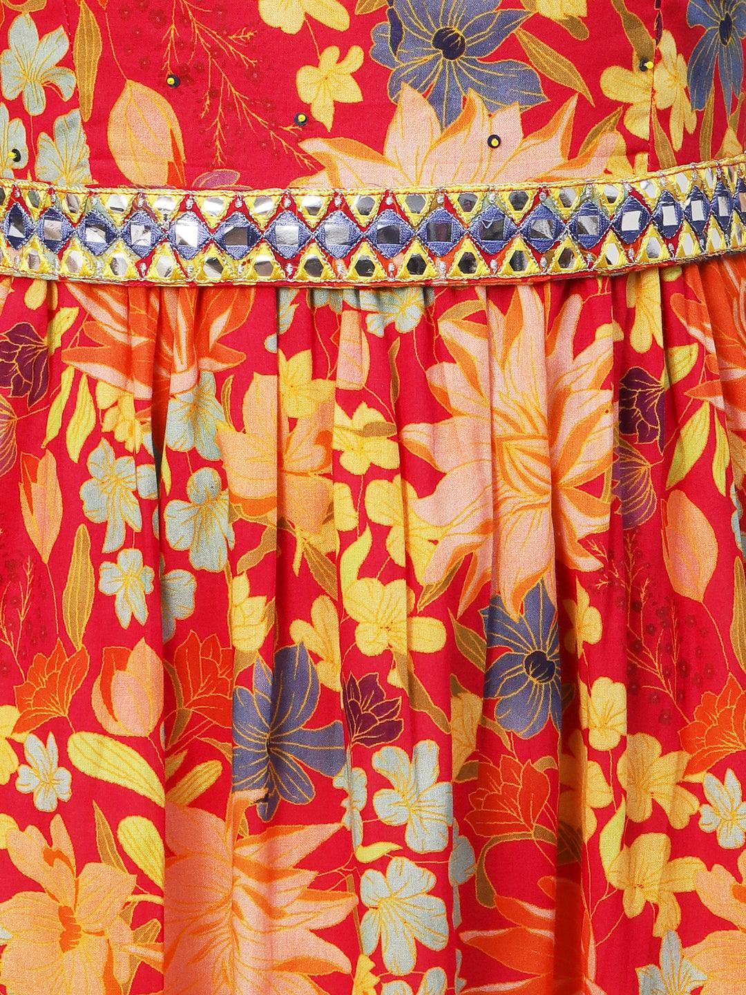 Floral Printed Mul-Cotton Mirror & Resham Embroidered Tiered Dress With Embroidered Waist Belt- Multi - Indiakreations