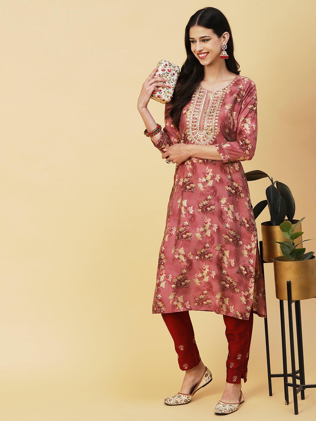 Floral & Foil Printed Gotapatti Embroidered Kurta - Rose Gold - Indiakreations