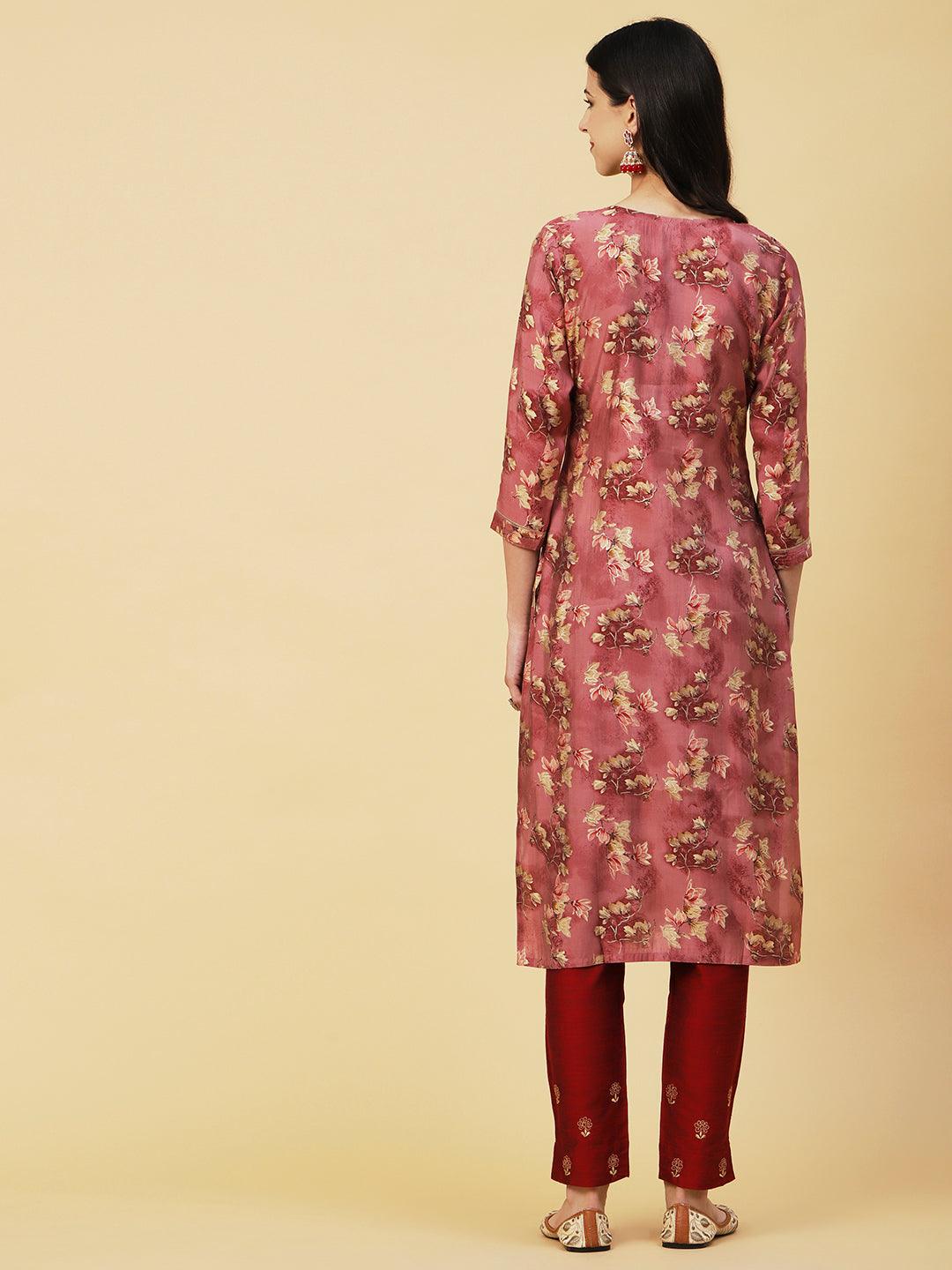 Floral & Foil Printed Gotapatti Embroidered Kurta - Rose Gold - Indiakreations