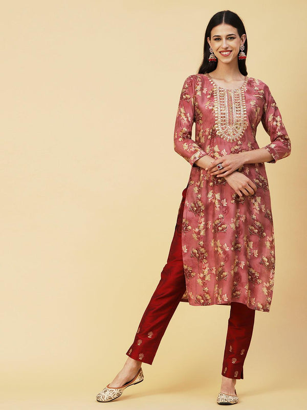 Floral & Foil Printed Gotapatti Embroidered Kurta - Rose Gold - Indiakreations