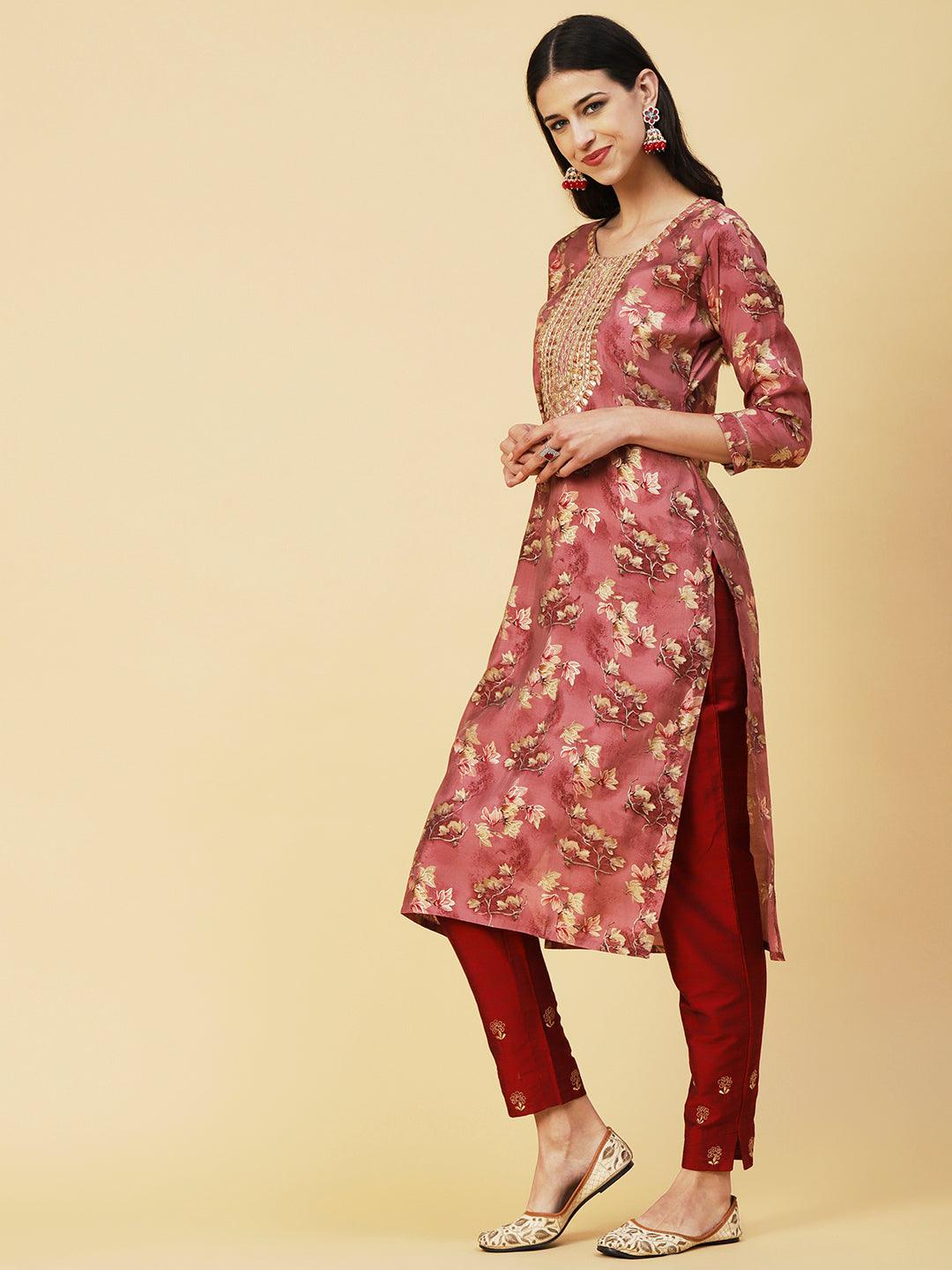 Floral & Foil Printed Gotapatti Embroidered Kurta - Rose Gold - Indiakreations