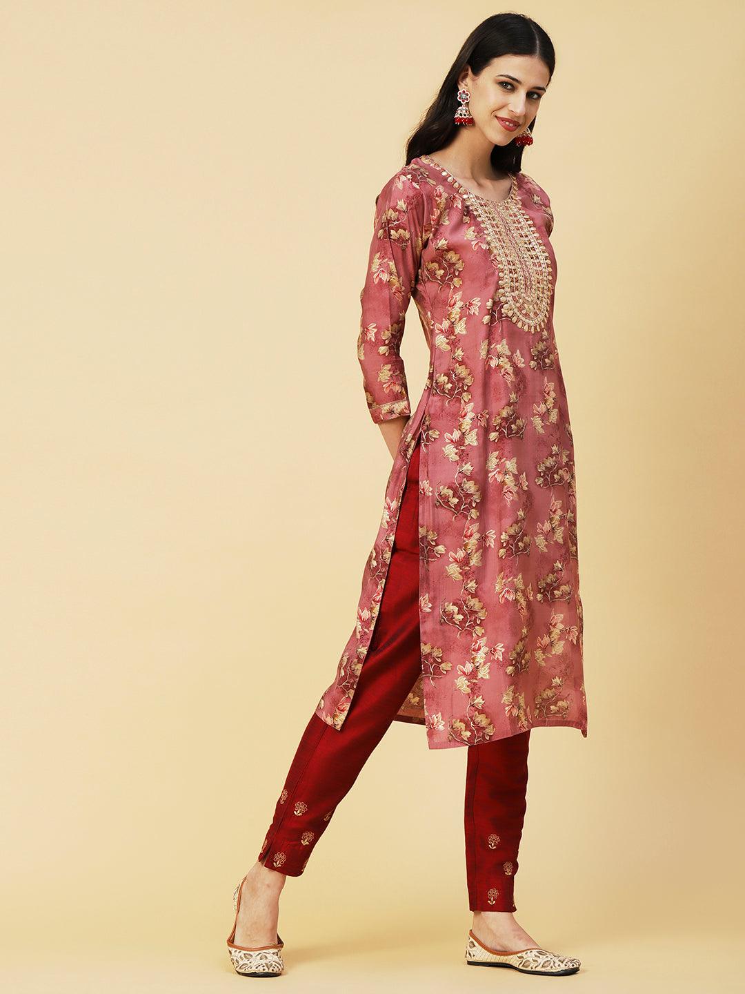 Floral & Foil Printed Gotapatti Embroidered Kurta - Rose Gold - Indiakreations