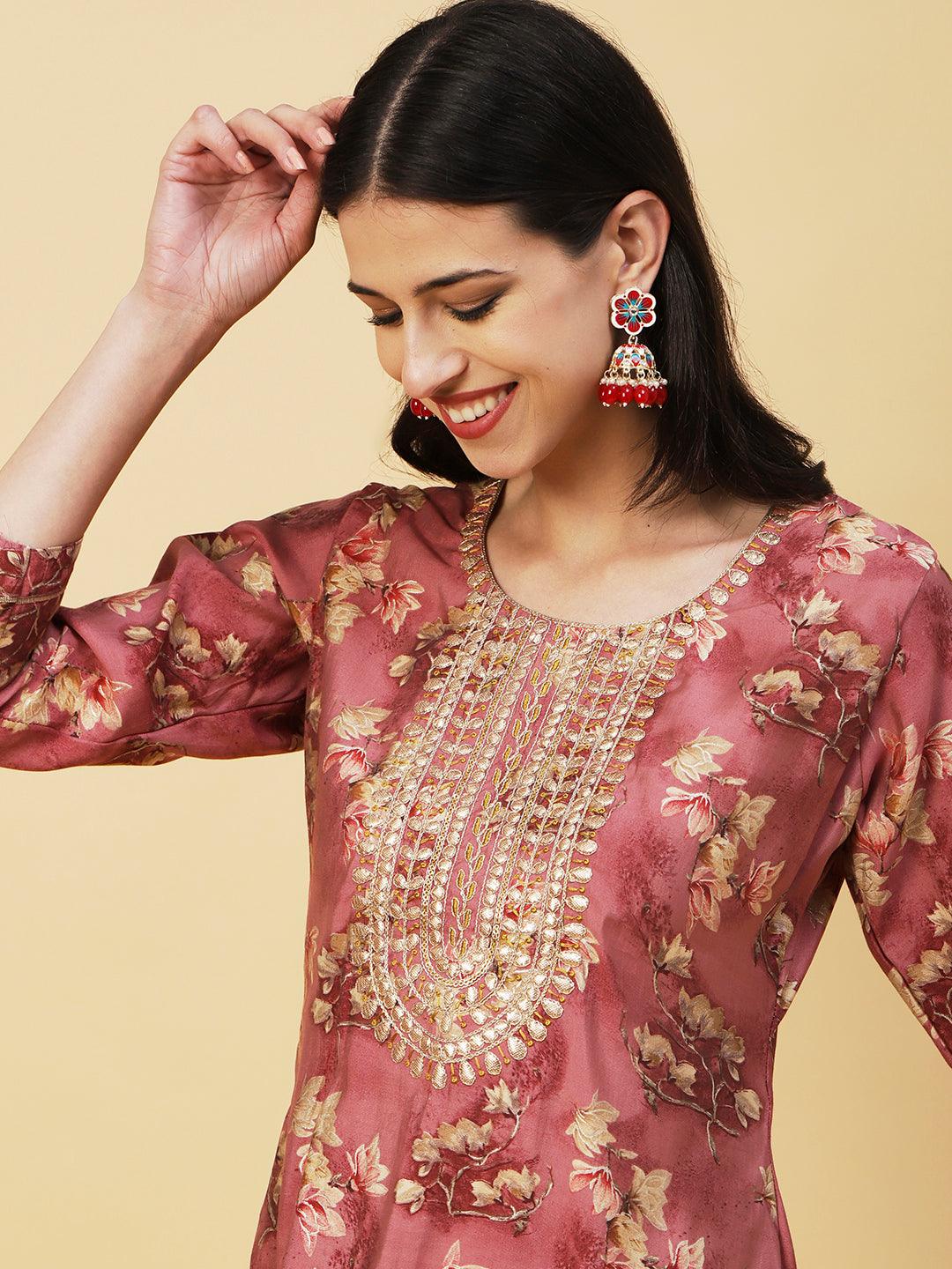 Floral & Foil Printed Gotapatti Embroidered Kurta - Rose Gold - Indiakreations