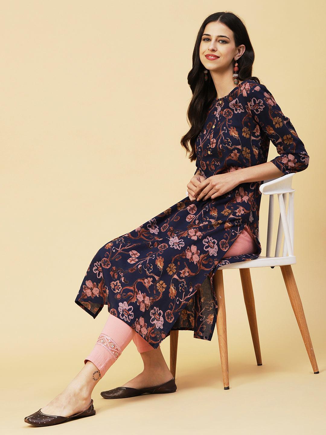 Abstract Floral Printed Buttoned Kurta - Navy Blue - Indiakreations