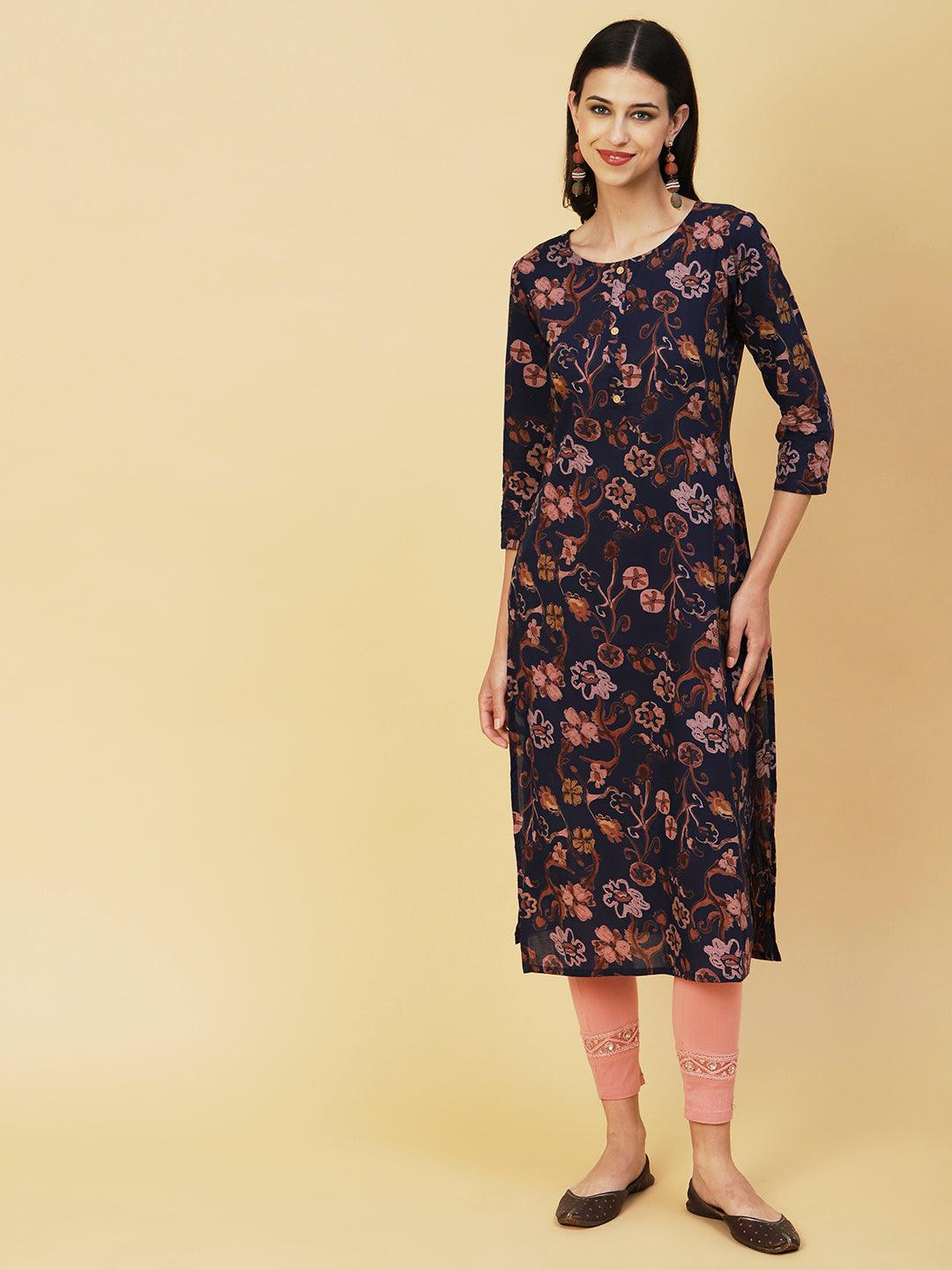 Abstract Floral Printed Buttoned Kurta - Navy Blue - Indiakreations