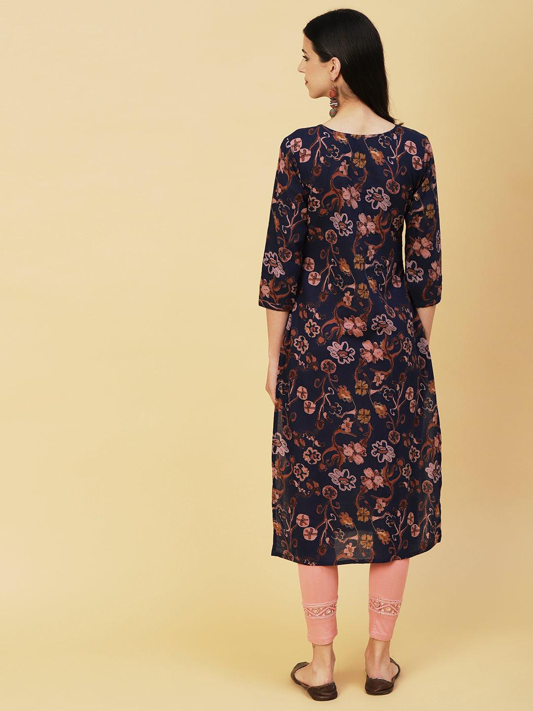 Abstract Floral Printed Buttoned Kurta - Navy Blue - Indiakreations