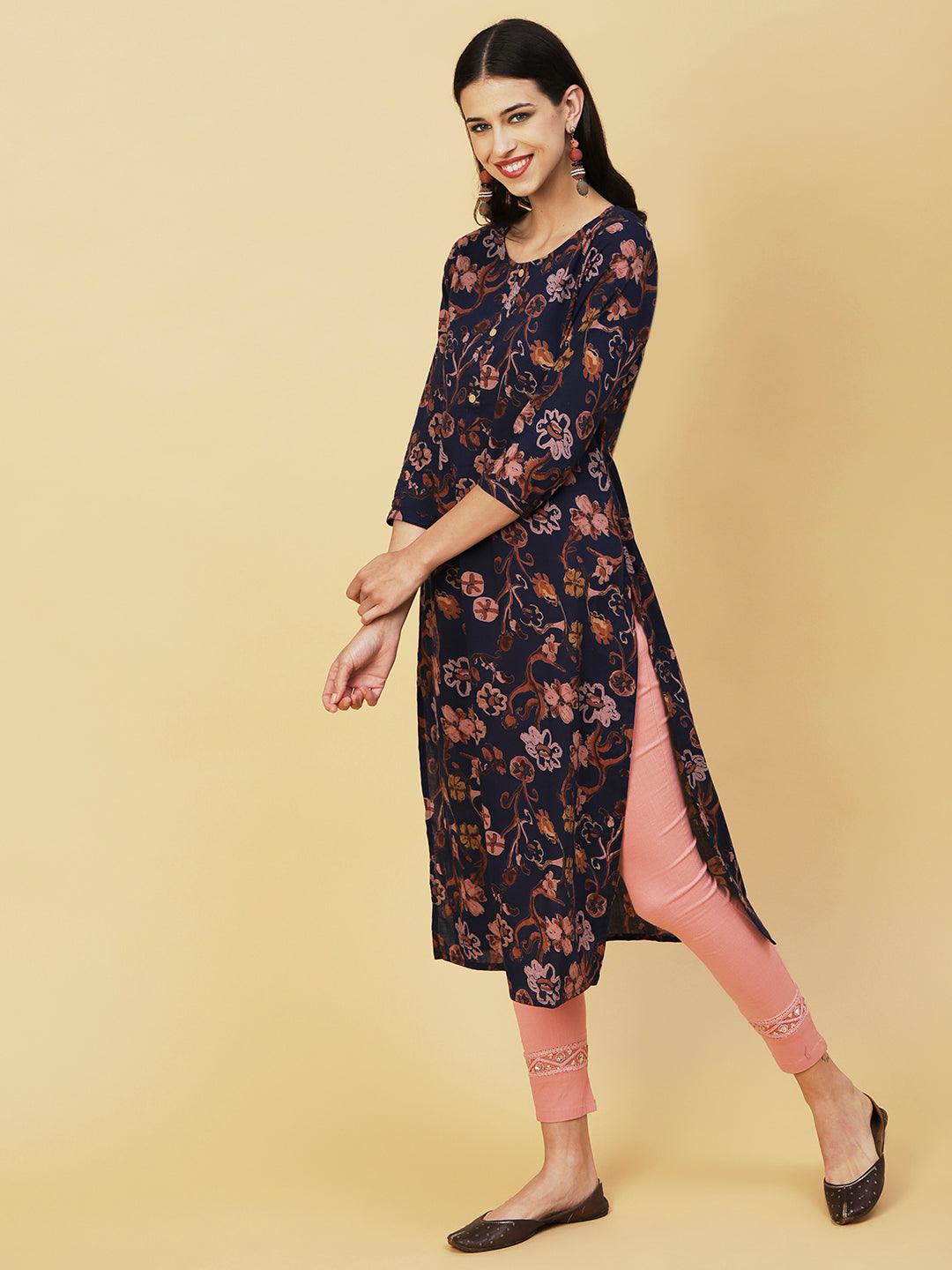 Abstract Floral Printed Buttoned Kurta - Navy Blue - Indiakreations