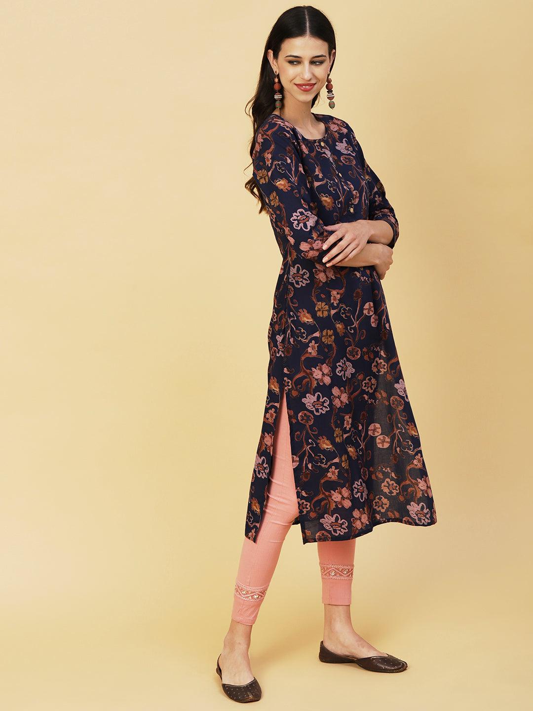 Abstract Floral Printed Buttoned Kurta - Navy Blue - Indiakreations