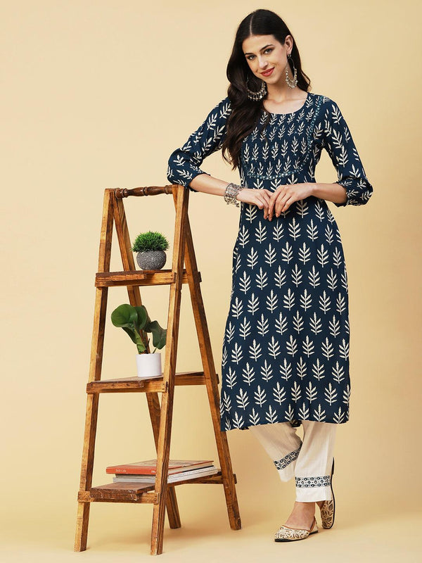 Ethnic Printed Mirror Embroidered Smocked Kurta - Blue - Indiakreations