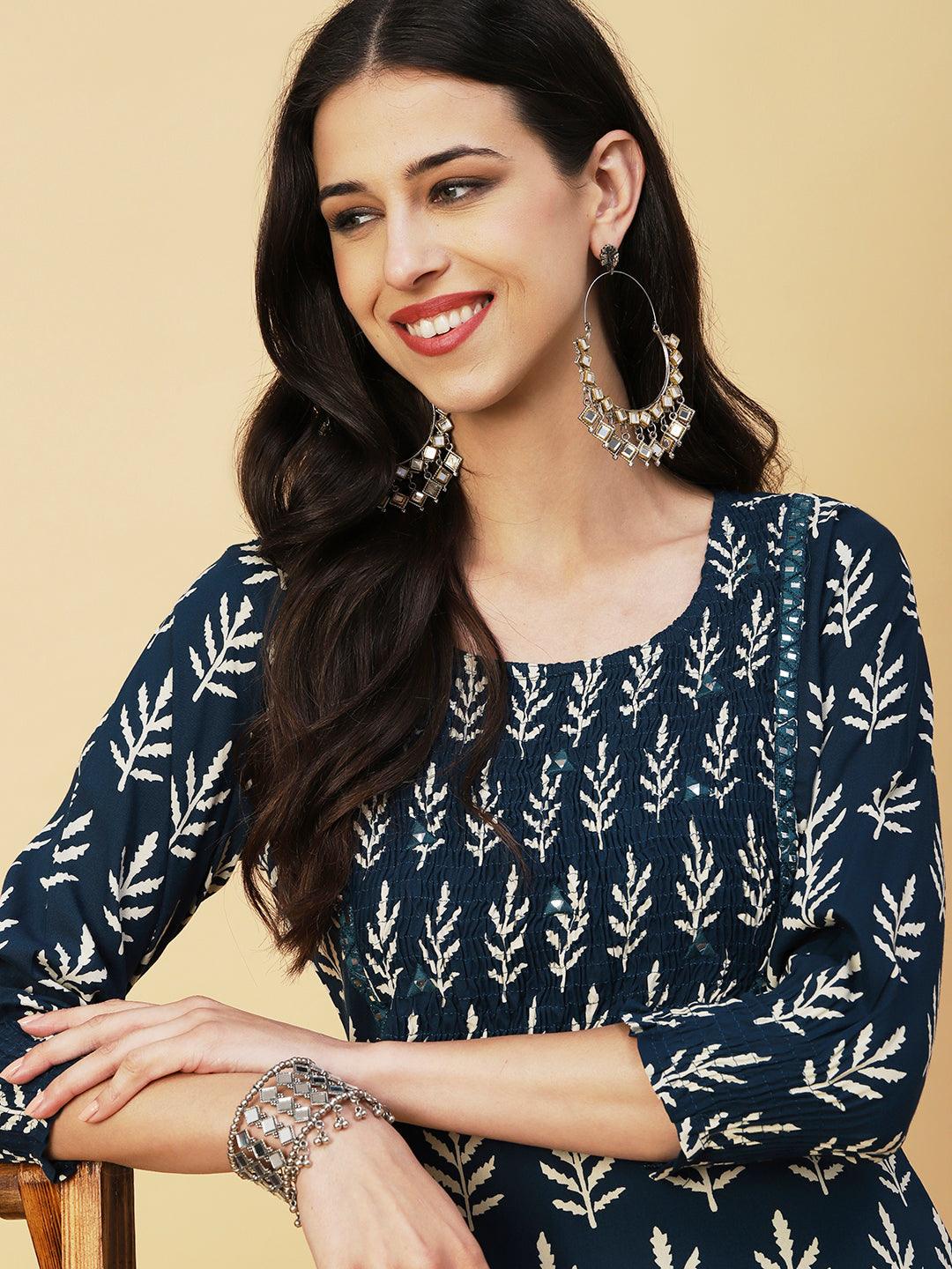 Ethnic Printed Mirror Embroidered Smocked Kurta - Blue - Indiakreations