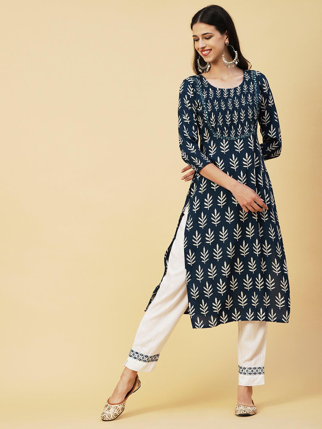 Ethnic Printed Mirror Embroidered Smocked Kurta - Blue - Indiakreations