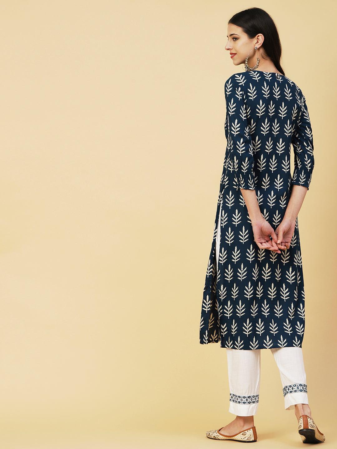 Ethnic Printed Mirror Embroidered Smocked Kurta - Blue - Indiakreations