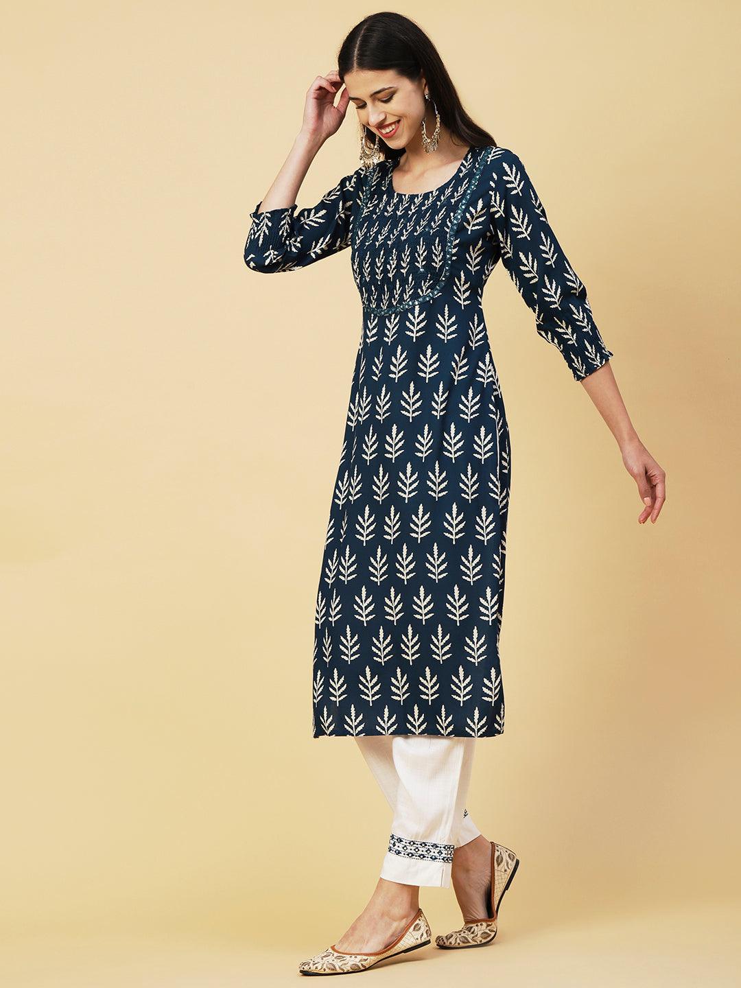 Ethnic Printed Mirror Embroidered Smocked Kurta - Blue - Indiakreations