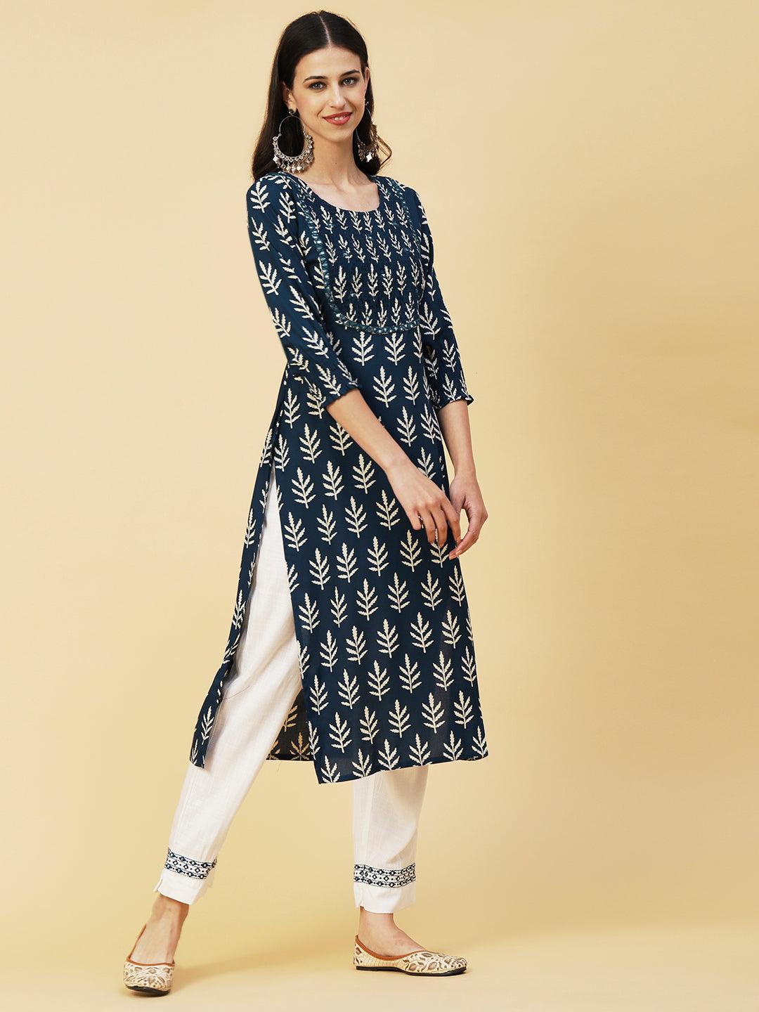 Ethnic Printed Mirror Embroidered Smocked Kurta - Blue - Indiakreations