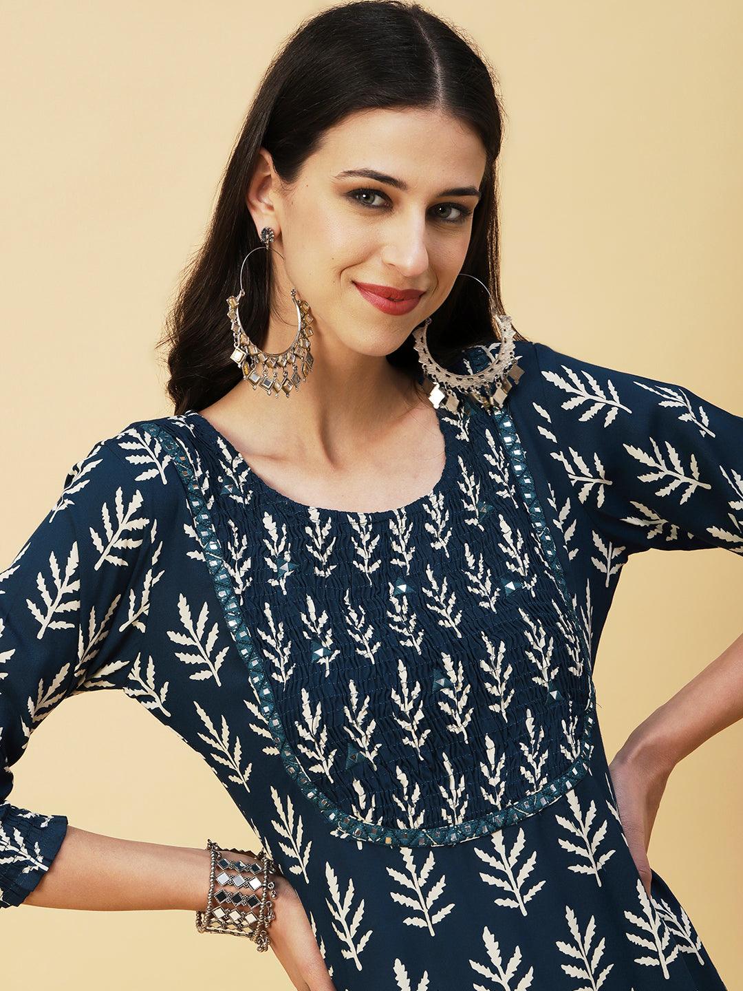 Ethnic Printed Mirror Embroidered Smocked Kurta - Blue - Indiakreations