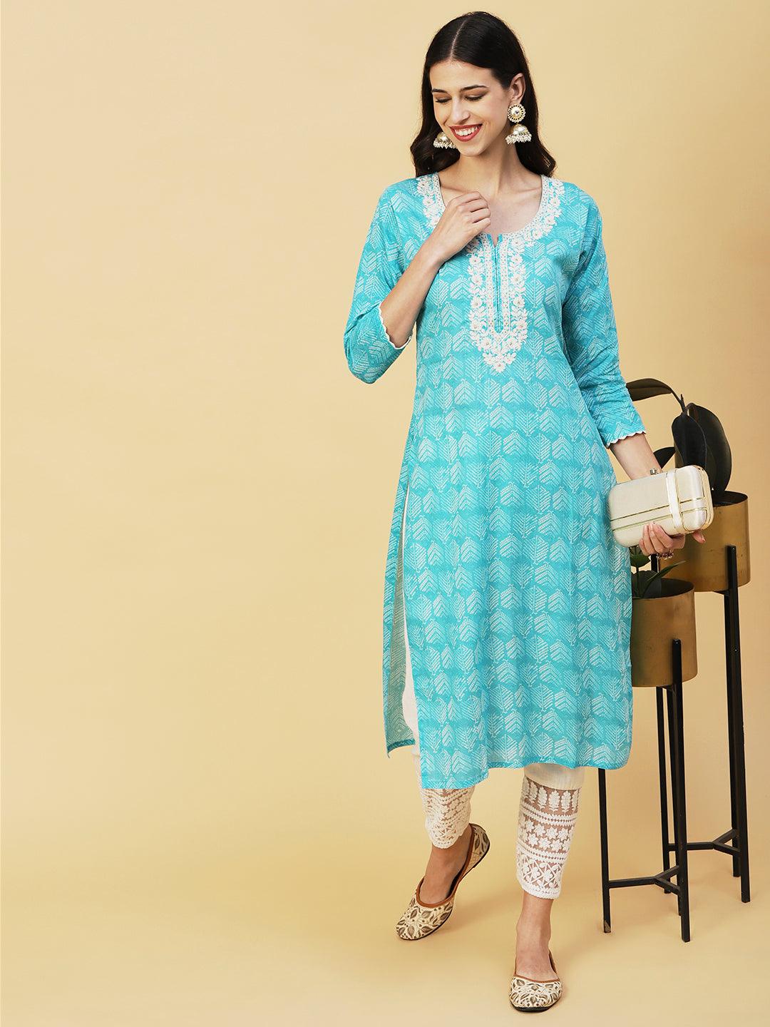 Abstract Printed Crochet Lace Ornamented & Resham Dori Embroidered Kurta - Turquoise Blue - Indiakreations