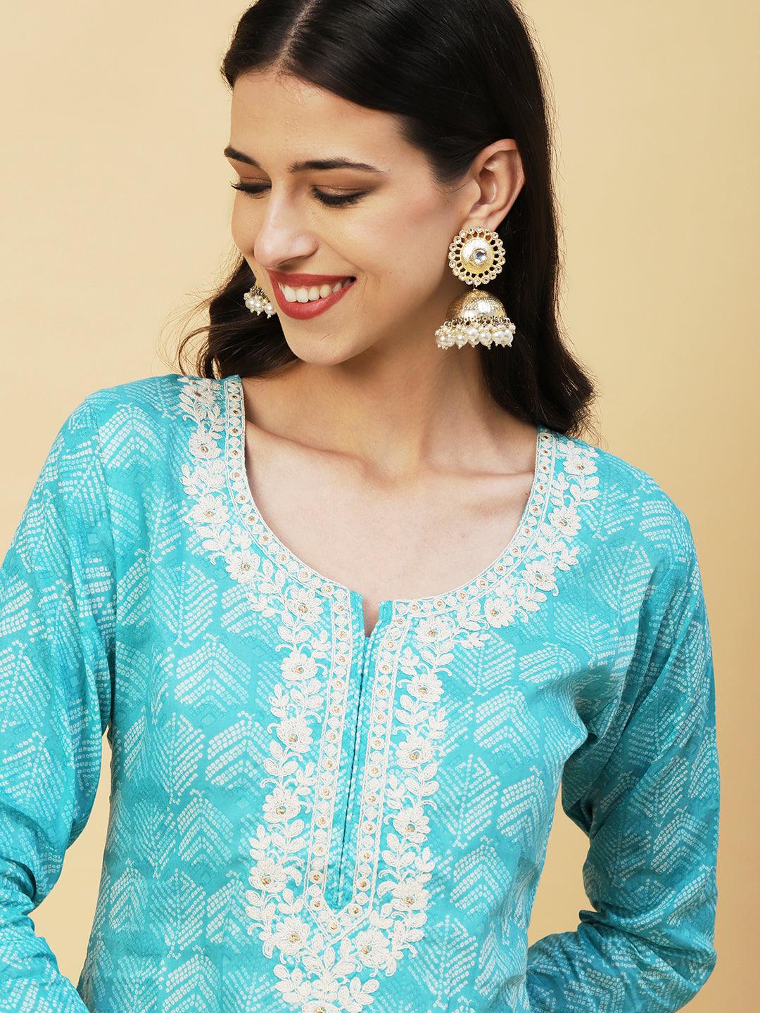 Abstract Printed Crochet Lace Ornamented & Resham Dori Embroidered Kurta - Turquoise Blue - Indiakreations