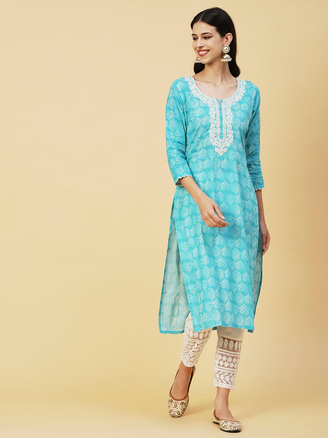 Abstract Printed Crochet Lace Ornamented & Resham Dori Embroidered Kurta - Turquoise Blue - Indiakreations