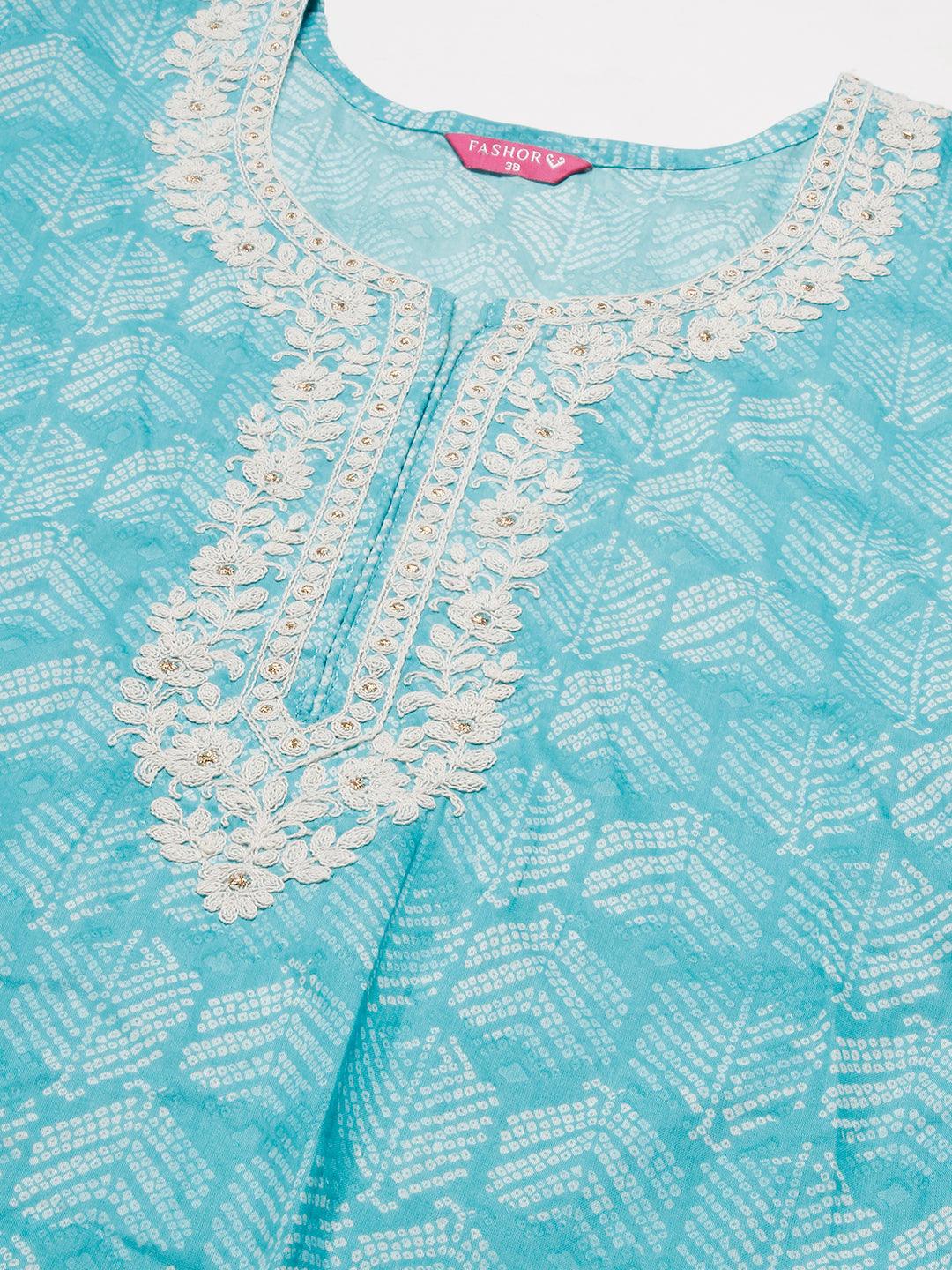 Abstract Printed Crochet Lace Ornamented & Resham Dori Embroidered Kurta - Turquoise Blue - Indiakreations