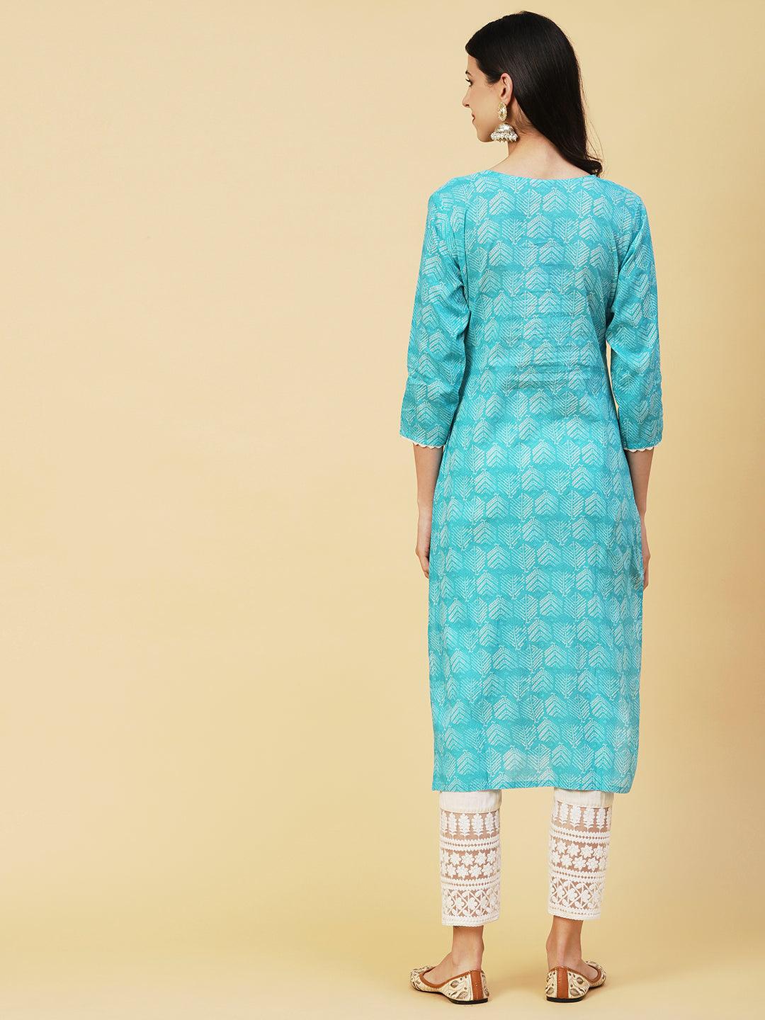 Abstract Printed Crochet Lace Ornamented & Resham Dori Embroidered Kurta - Turquoise Blue - Indiakreations