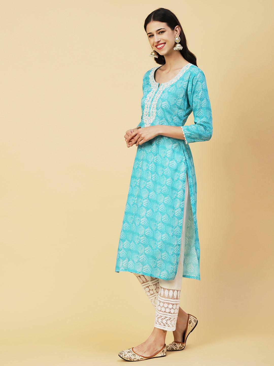 Abstract Printed Crochet Lace Ornamented & Resham Dori Embroidered Kurta - Turquoise Blue - Indiakreations