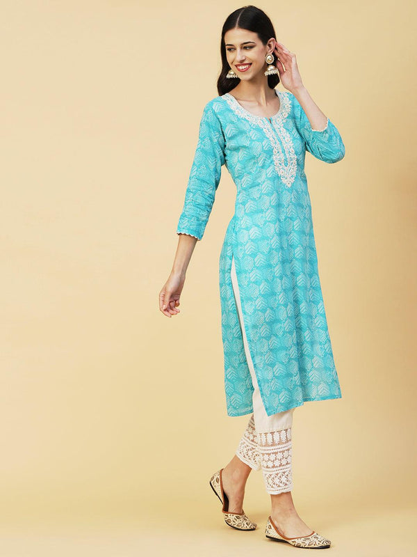 Abstract Printed Crochet Lace Ornamented & Resham Dori Embroidered Kurta - Turquoise Blue - Indiakreations