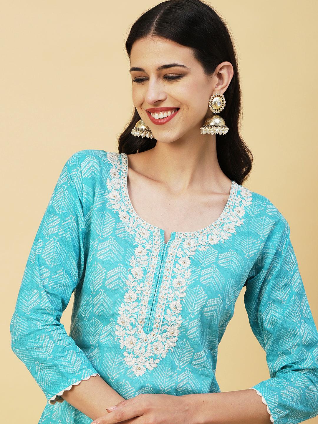 Abstract Printed Crochet Lace Ornamented & Resham Dori Embroidered Kurta - Turquoise Blue - Indiakreations