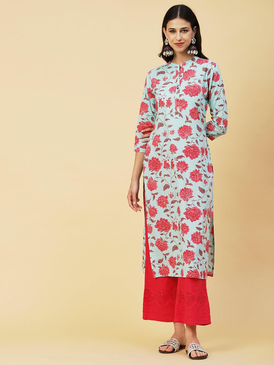 Floral Foil Printed Straight Fit Kurta - Aqua Blue - Indiakreations