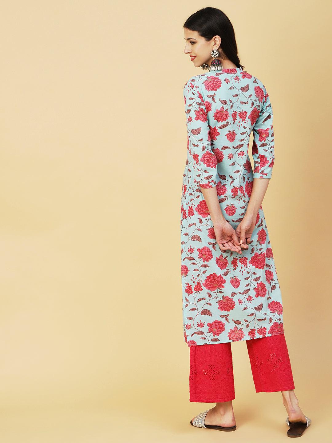 Floral Foil Printed Straight Fit Kurta - Aqua Blue - Indiakreations