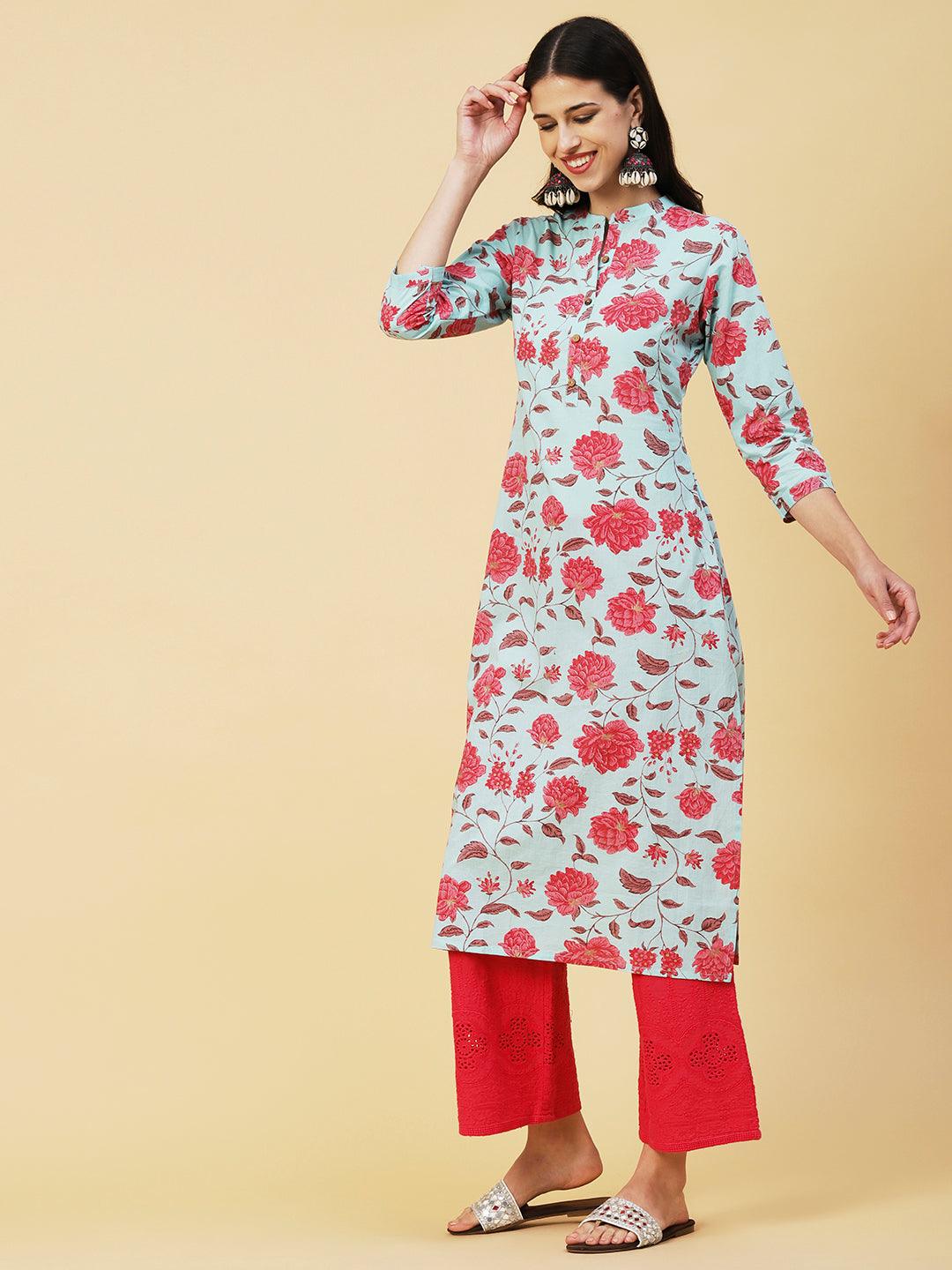 Floral Foil Printed Straight Fit Kurta - Aqua Blue - Indiakreations