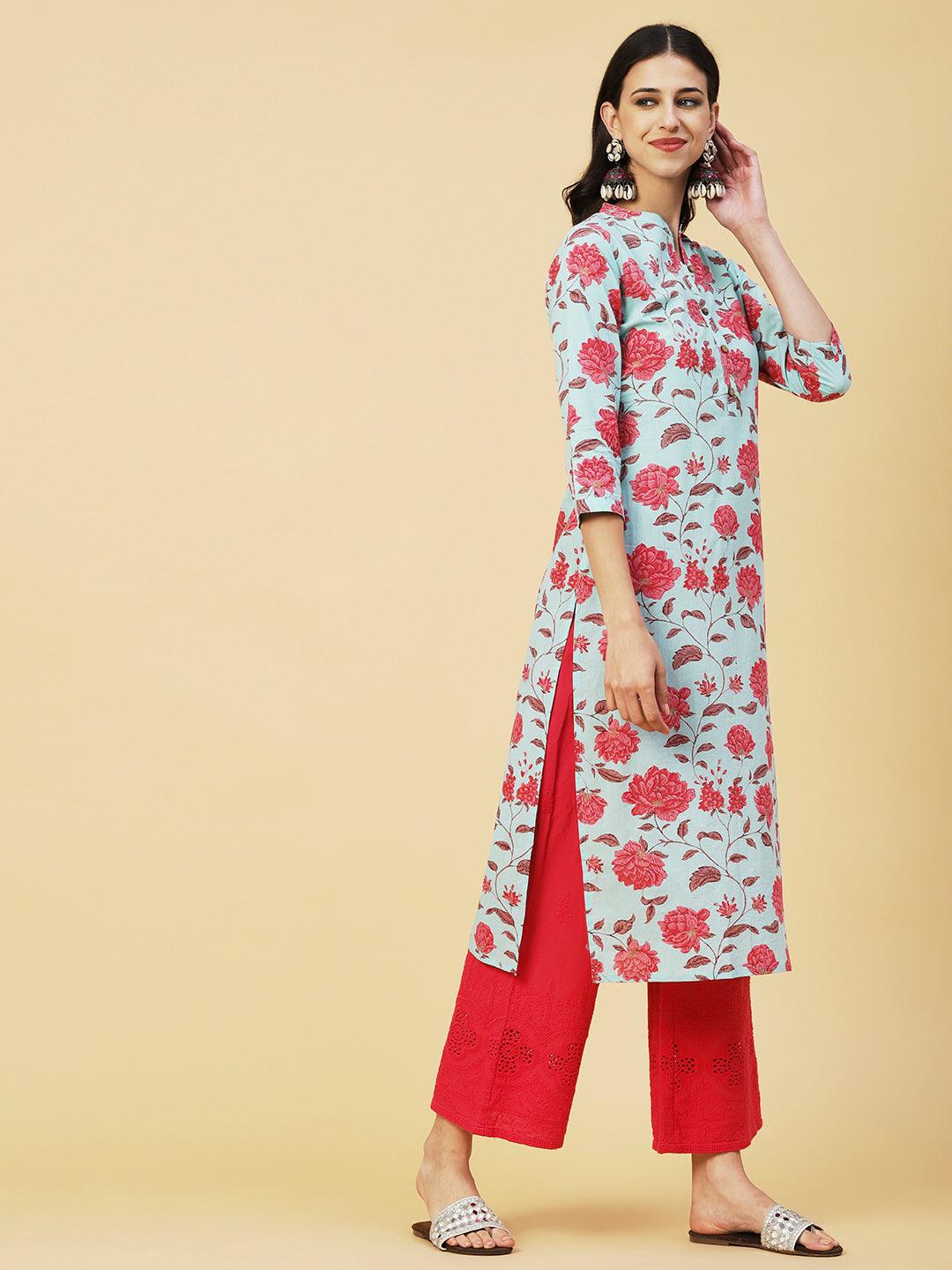 Floral Foil Printed Straight Fit Kurta - Aqua Blue - Indiakreations