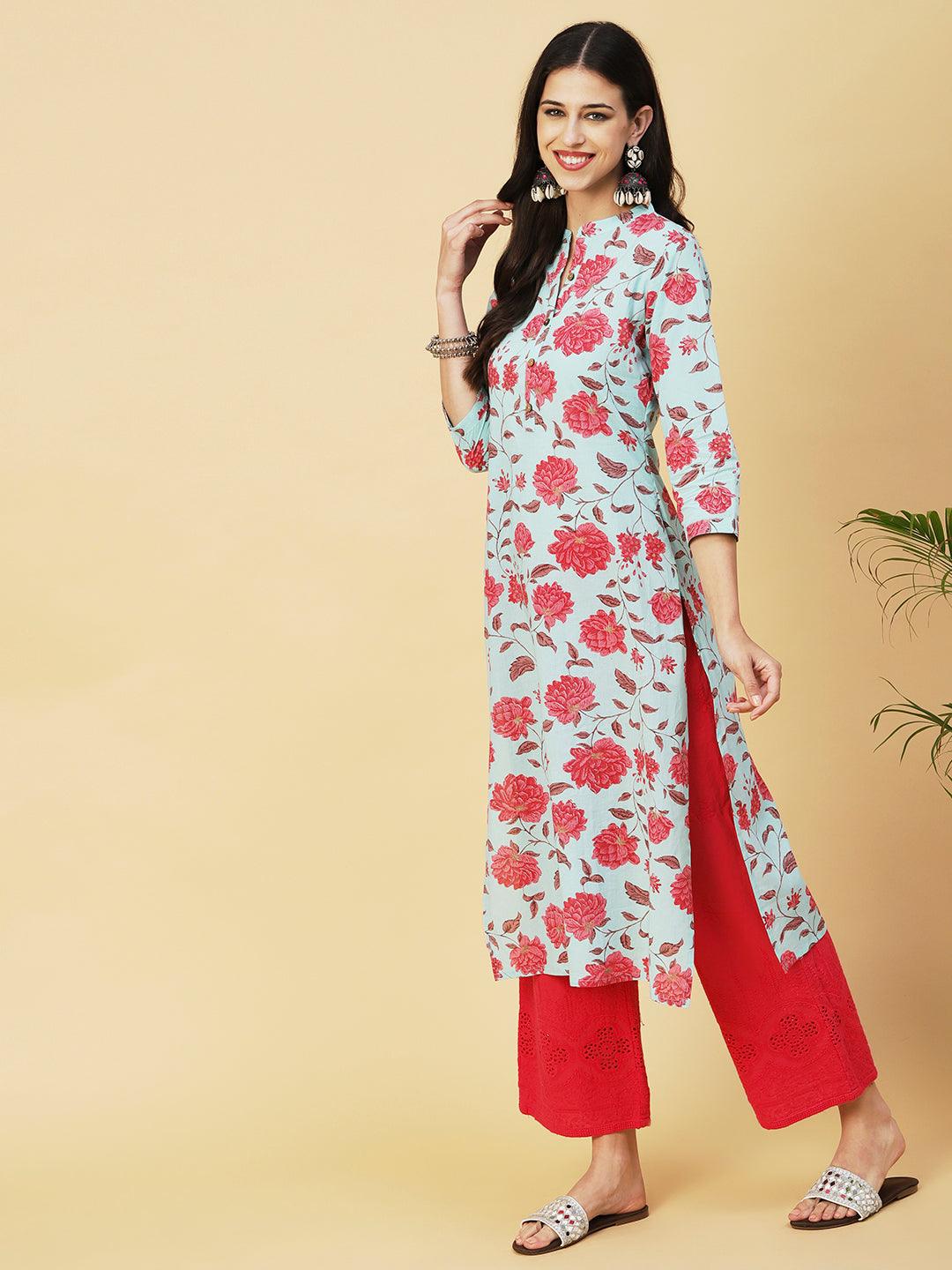 Floral Foil Printed Straight Fit Kurta - Aqua Blue - Indiakreations