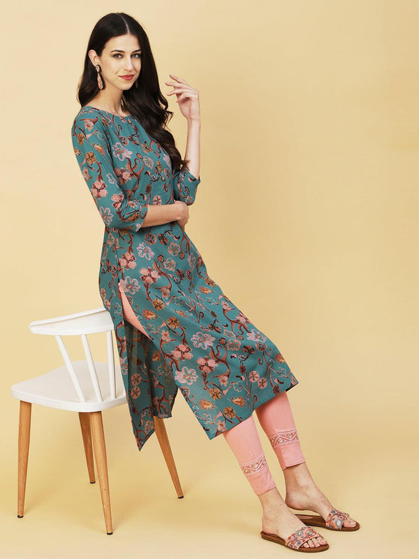 Abstract Floral Printed Buttoned Kurta - Green - Indiakreations