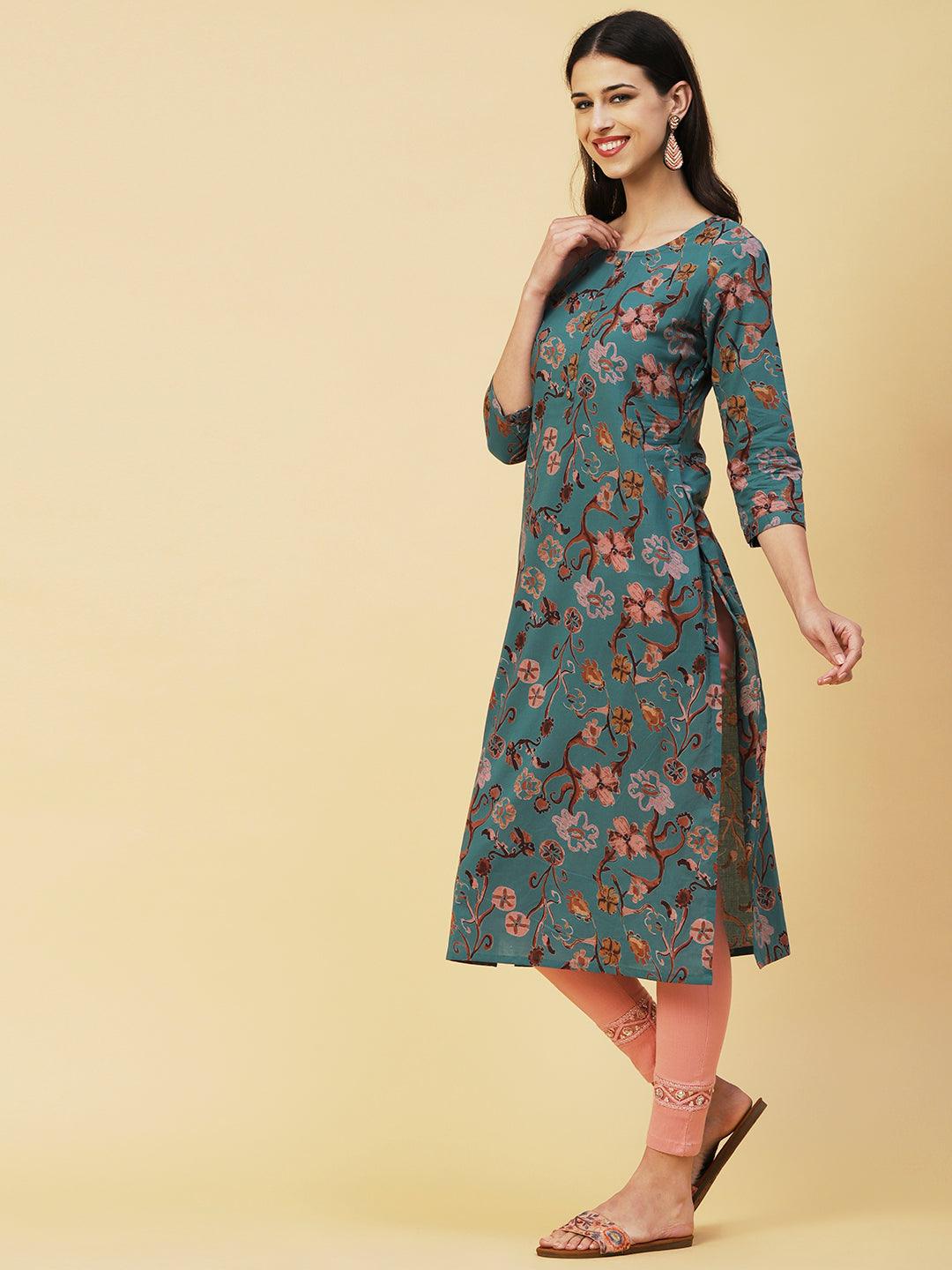 Abstract Floral Printed Buttoned Kurta - Green - Indiakreations