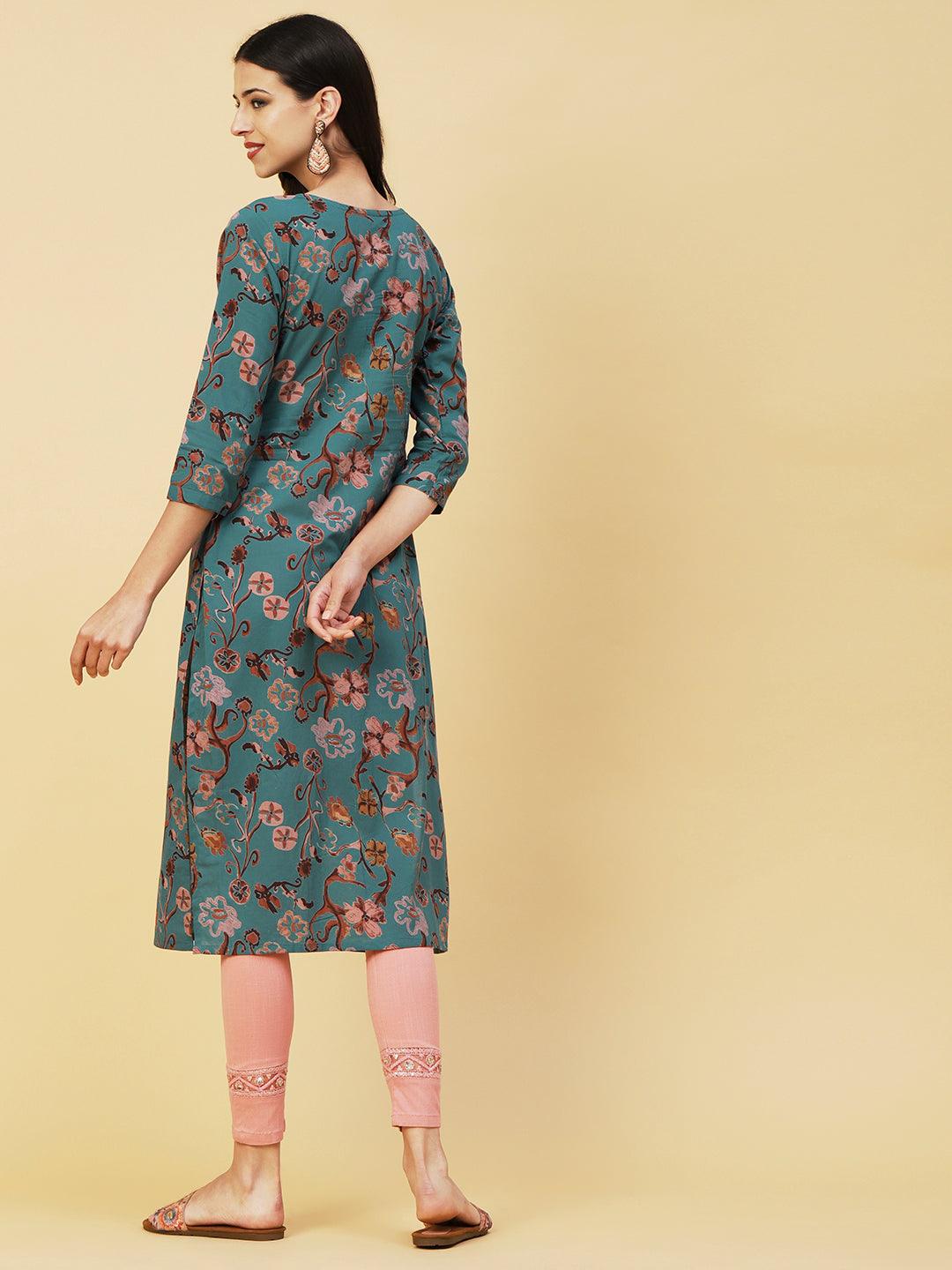 Abstract Floral Printed Buttoned Kurta - Green - Indiakreations