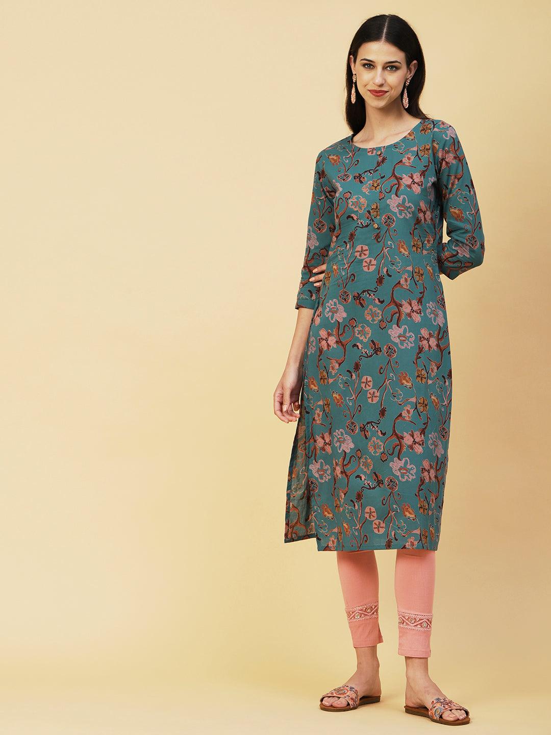 Abstract Floral Printed Buttoned Kurta - Green - Indiakreations