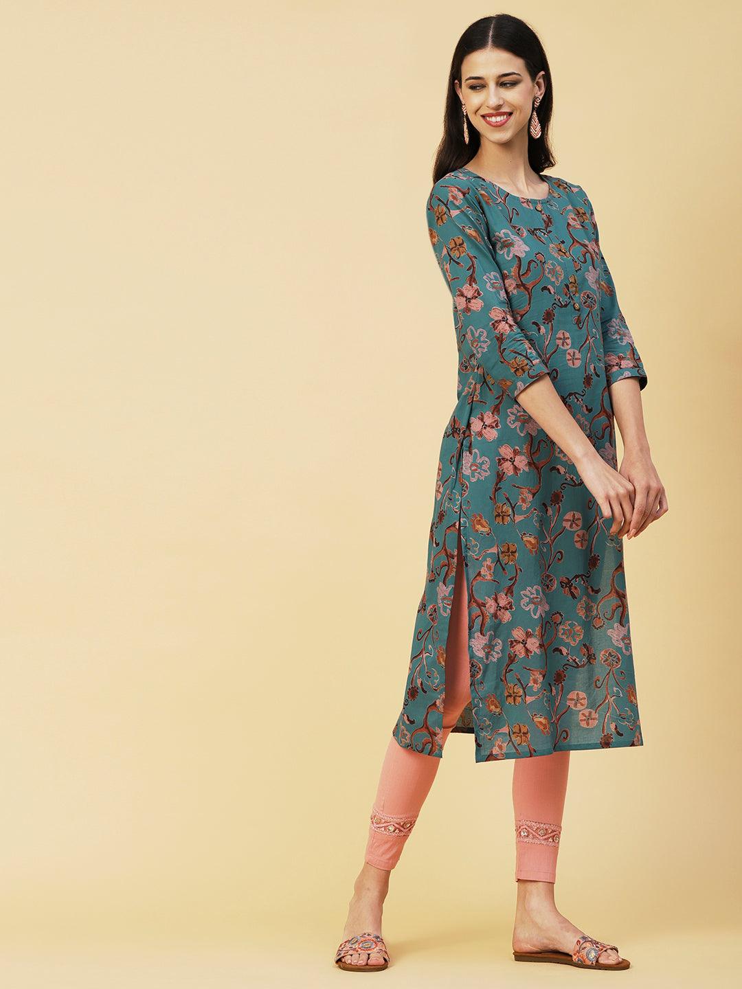 Abstract Floral Printed Buttoned Kurta - Green - Indiakreations