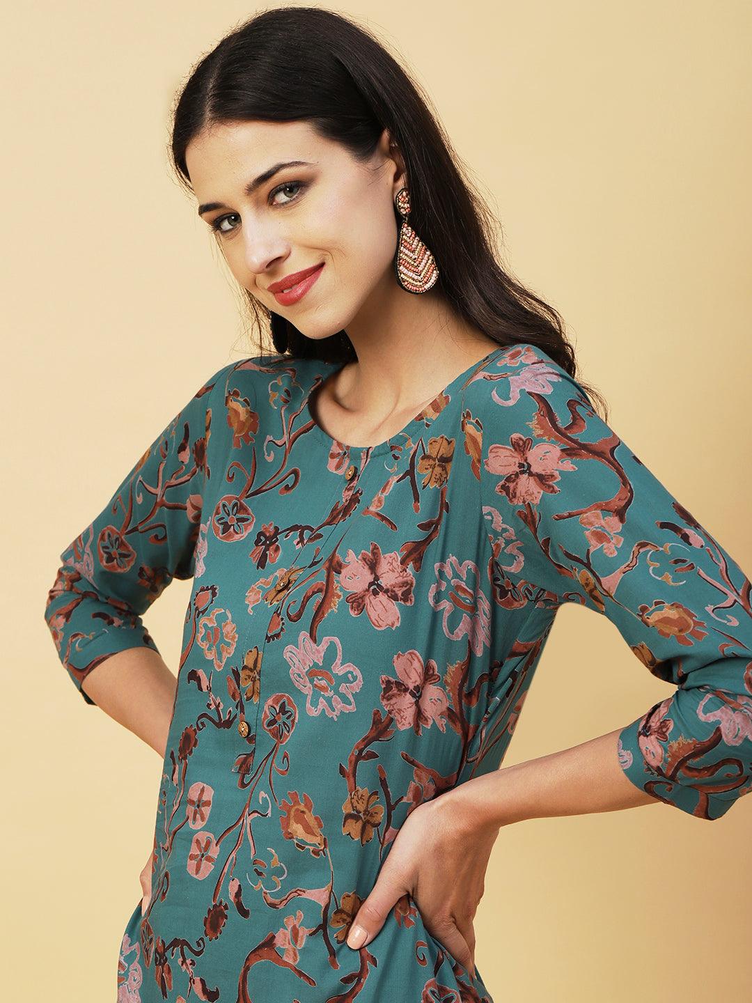 Abstract Floral Printed Buttoned Kurta - Green - Indiakreations