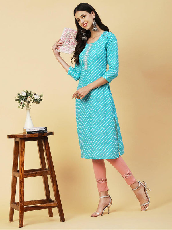 Lehriya Printed Mirror & Pearl Embroidered Kurta - Turquoise Blue - Indiakreations