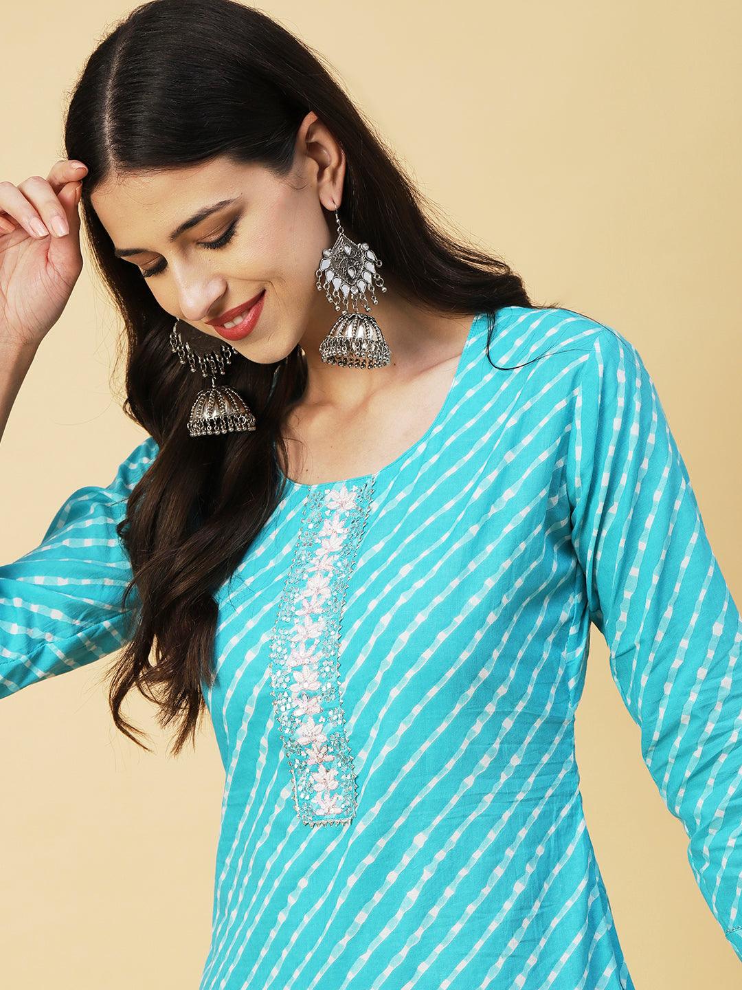 Lehriya Printed Mirror & Pearl Embroidered Kurta - Turquoise Blue - Indiakreations