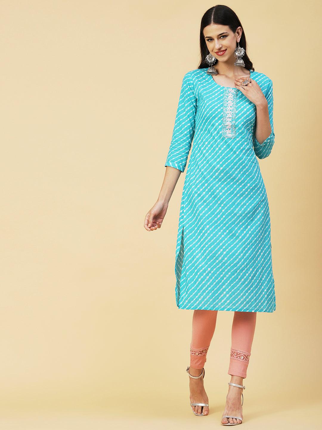 Lehriya Printed Mirror & Pearl Embroidered Kurta - Turquoise Blue - Indiakreations