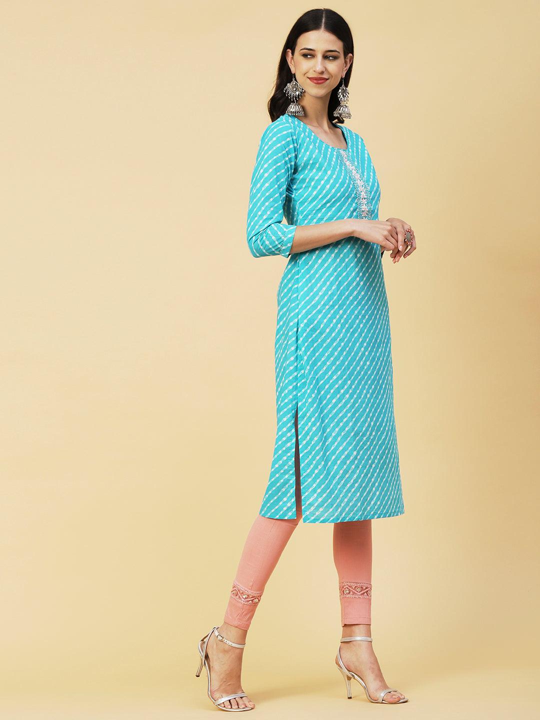 Lehriya Printed Mirror & Pearl Embroidered Kurta - Turquoise Blue - Indiakreations