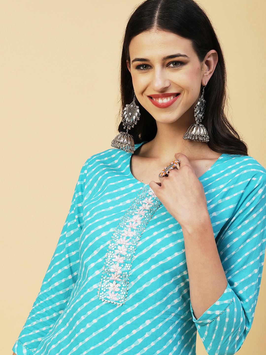 Lehriya Printed Mirror & Pearl Embroidered Kurta - Turquoise Blue - Indiakreations