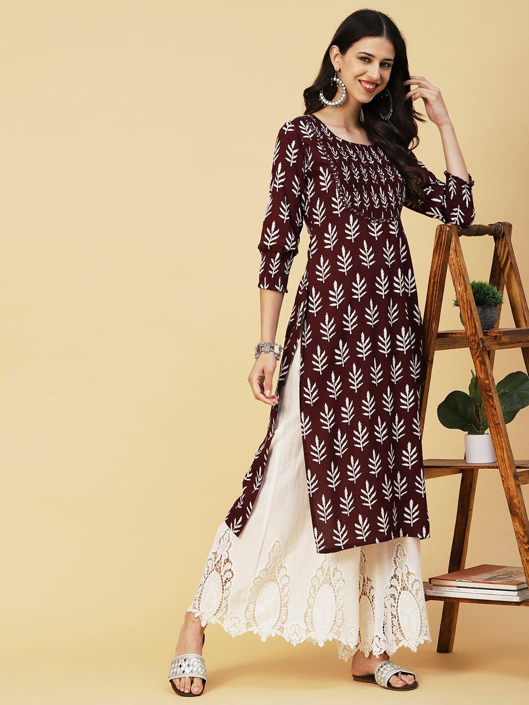 Ethnic Printed Mirror Embroidered Smocked Kurta - Brown - Indiakreations