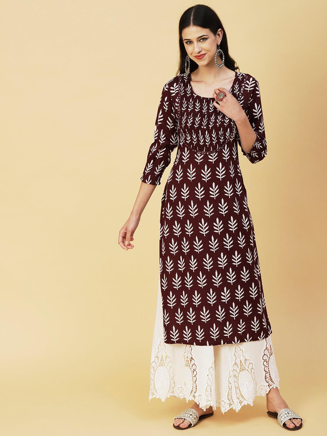 Ethnic Printed Mirror Embroidered Smocked Kurta - Brown - Indiakreations