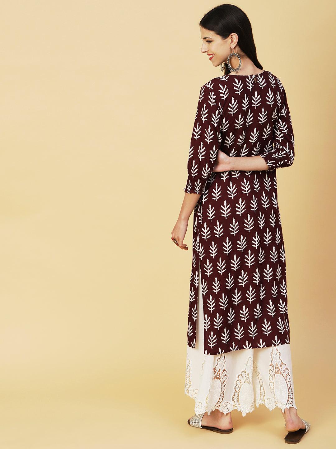 Ethnic Printed Mirror Embroidered Smocked Kurta - Brown - Indiakreations