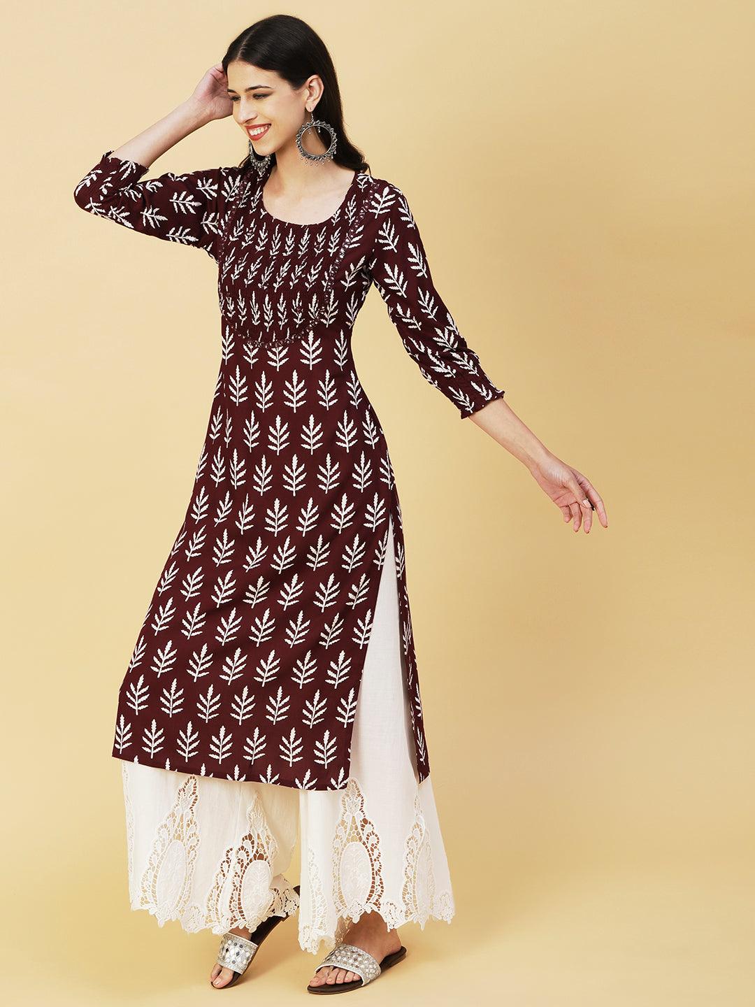 Ethnic Printed Mirror Embroidered Smocked Kurta - Brown - Indiakreations