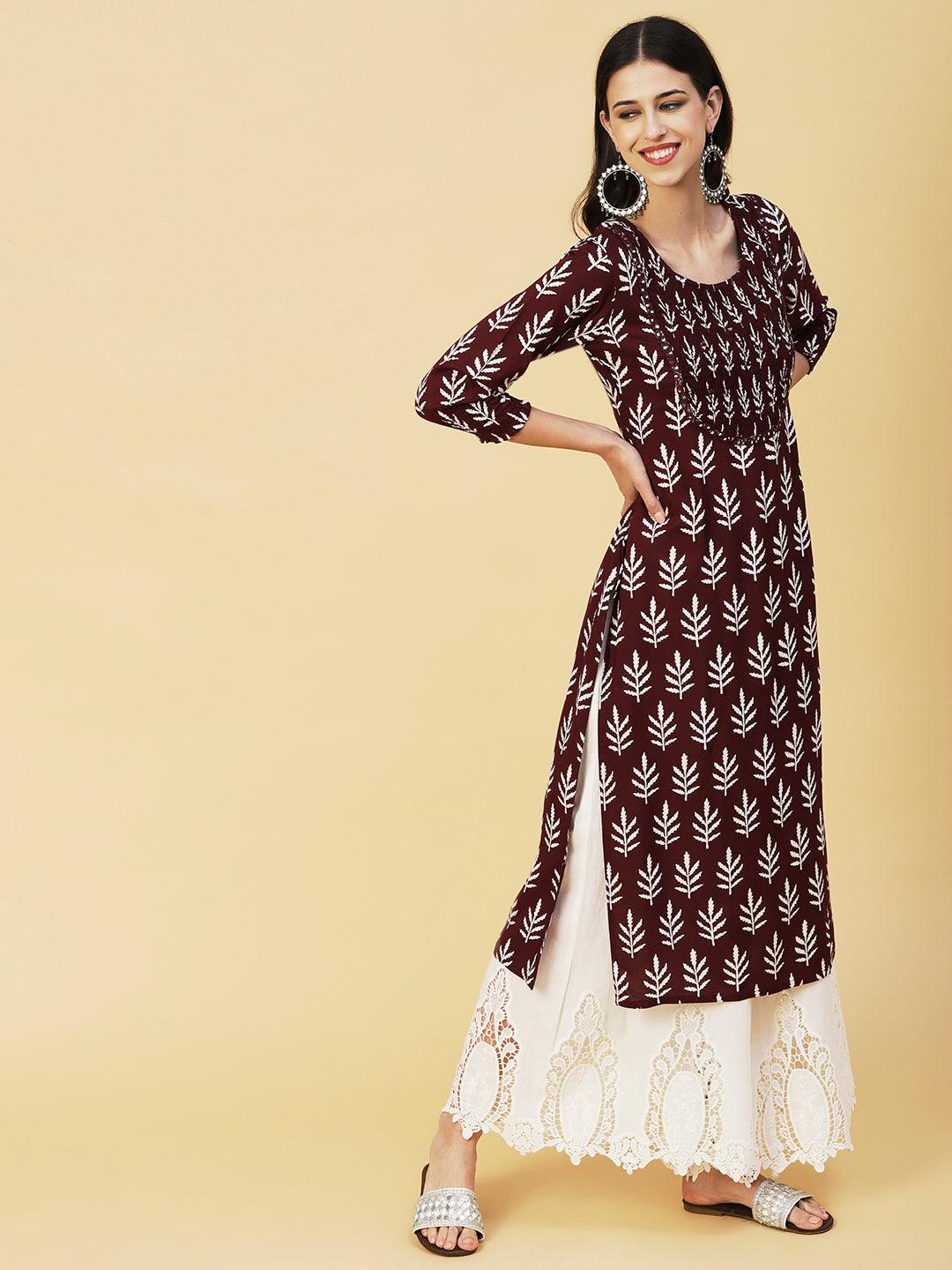 Ethnic Printed Mirror Embroidered Smocked Kurta - Brown - Indiakreations