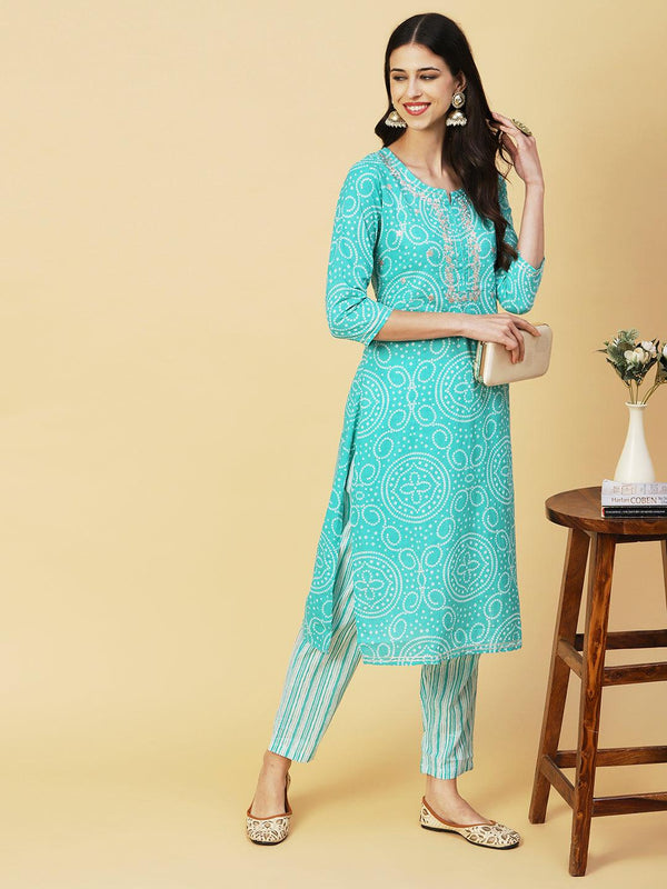 Bandhani Printed Zari Embroidered Kurta With Stripes Printed Pants - Sea Green - Indiakreations